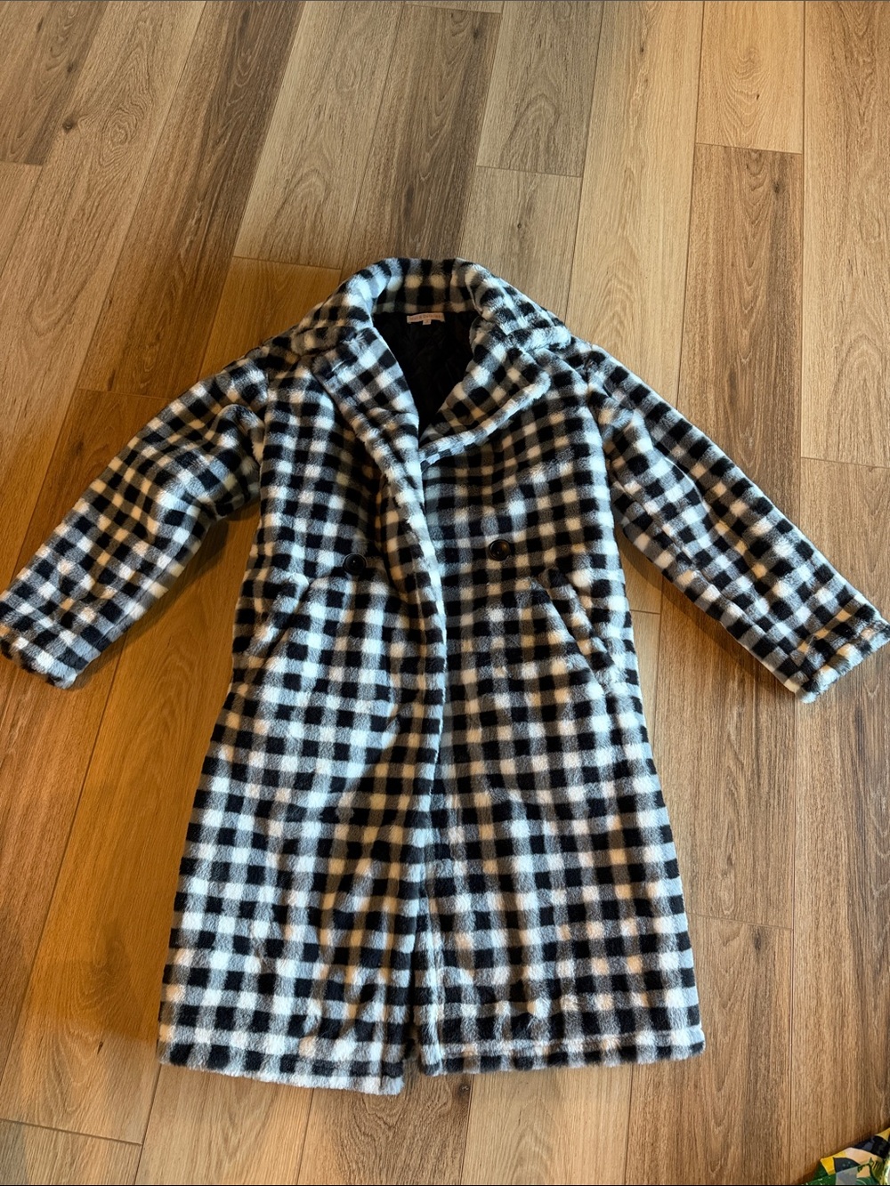 Women’s Black & White Buffalo Plaid Faux Fur Coat